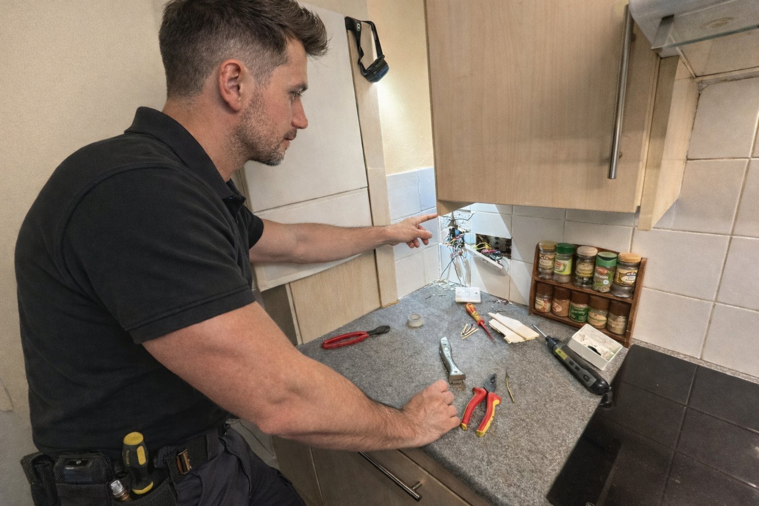 Electrician running new cable to a kitchen socket during a rewire