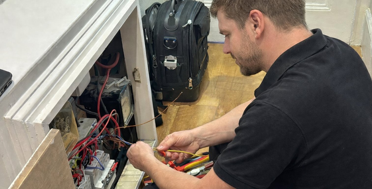 Electrician completing certification at a fuse board