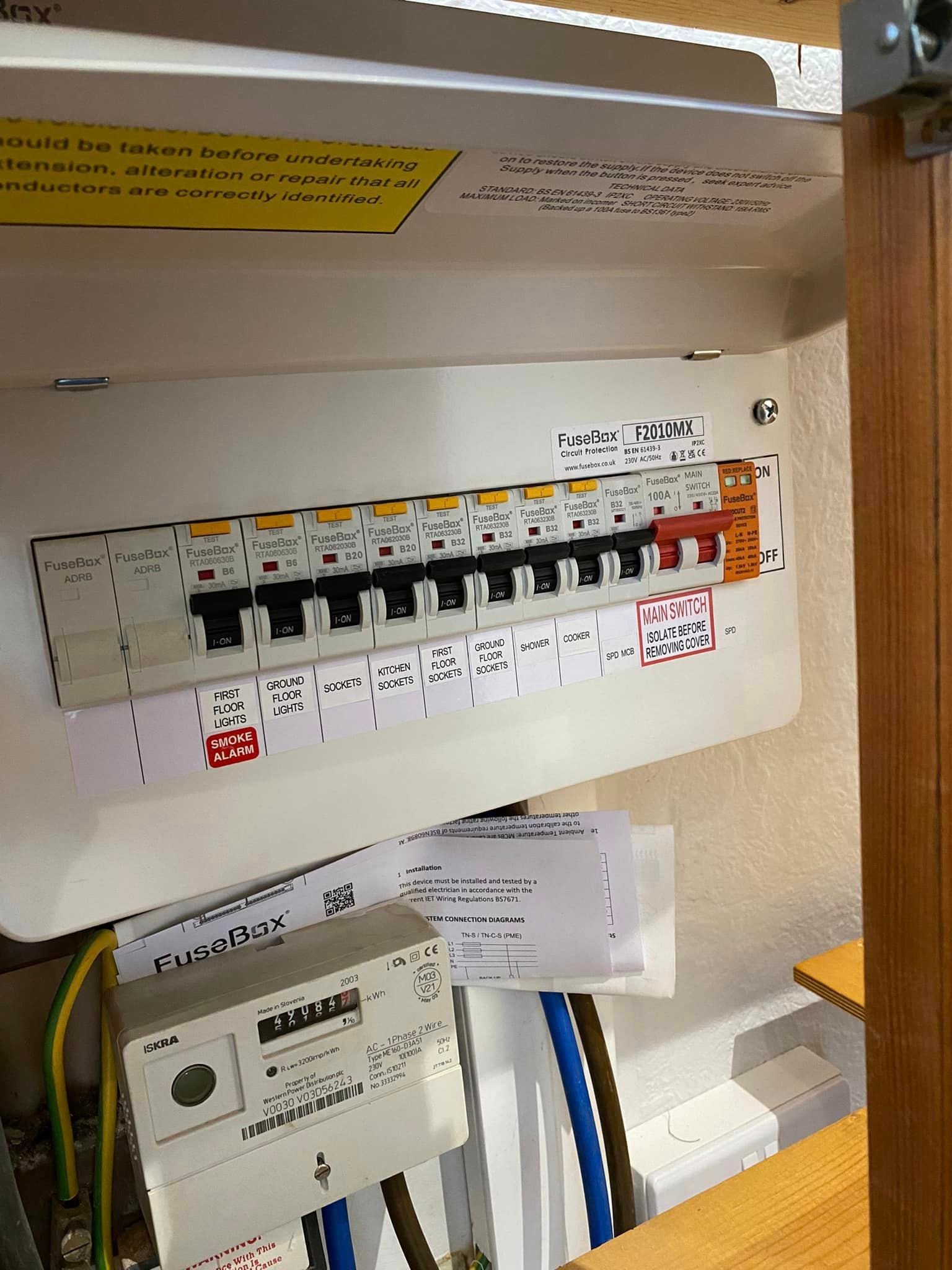 Newly installed consumer unit with labelled circuits