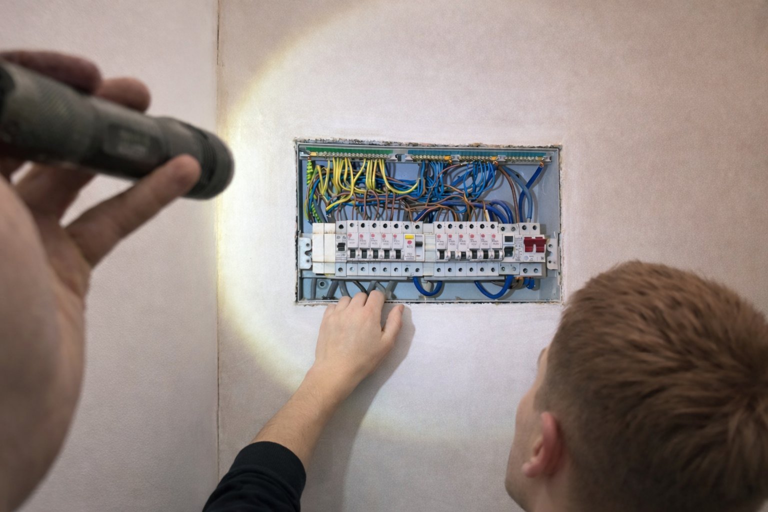 Two electricians inspecting a distribution board by torchlight