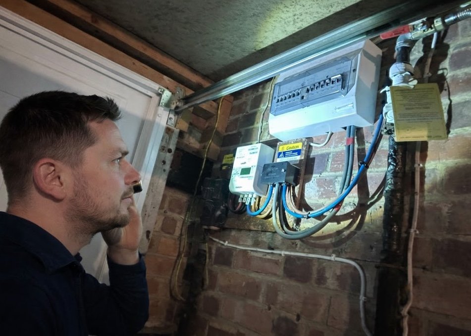 Electrician on the phone while surveying a consumer unit