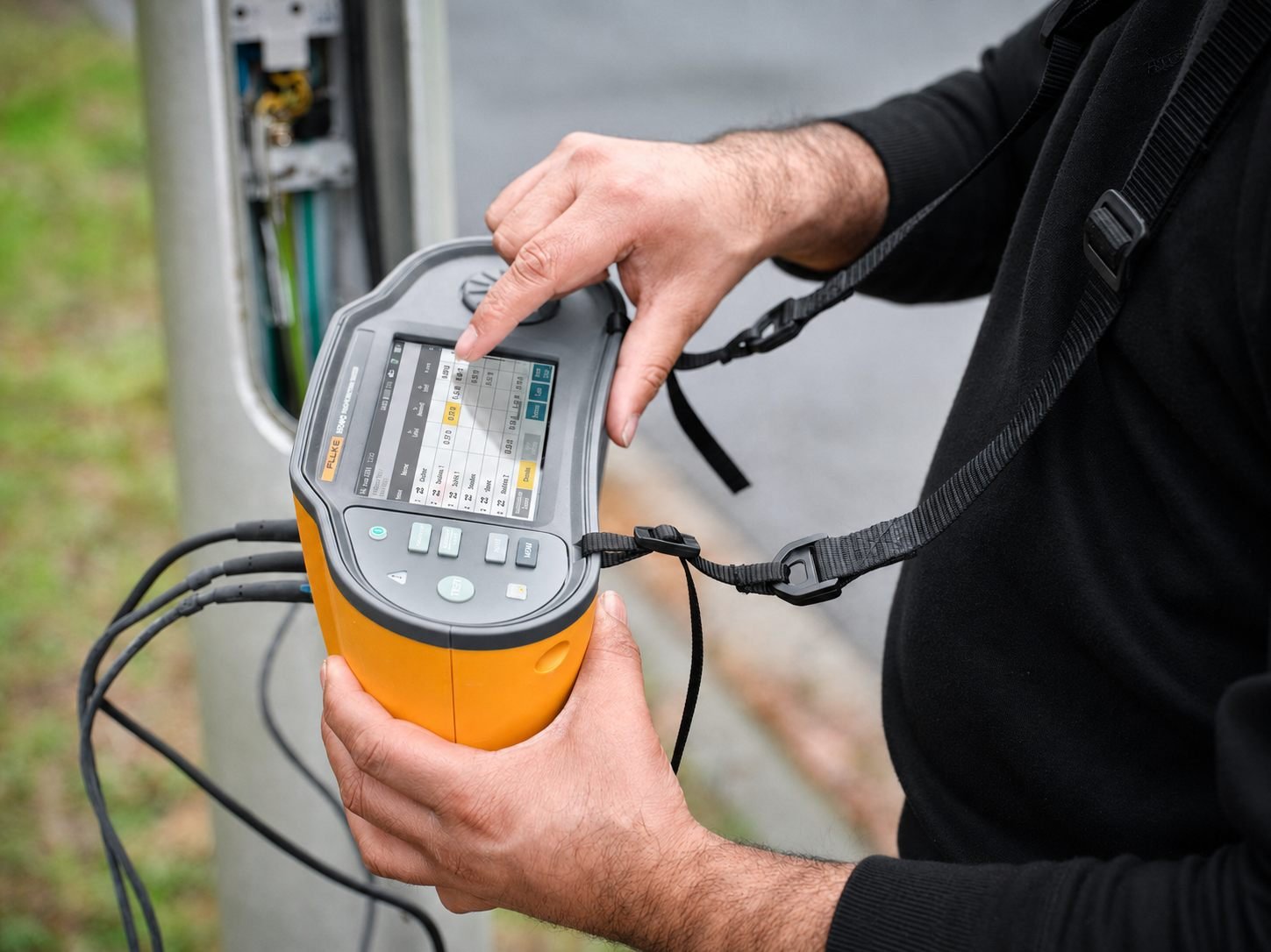 Electrician on the phone while surveying a garage consumer unit