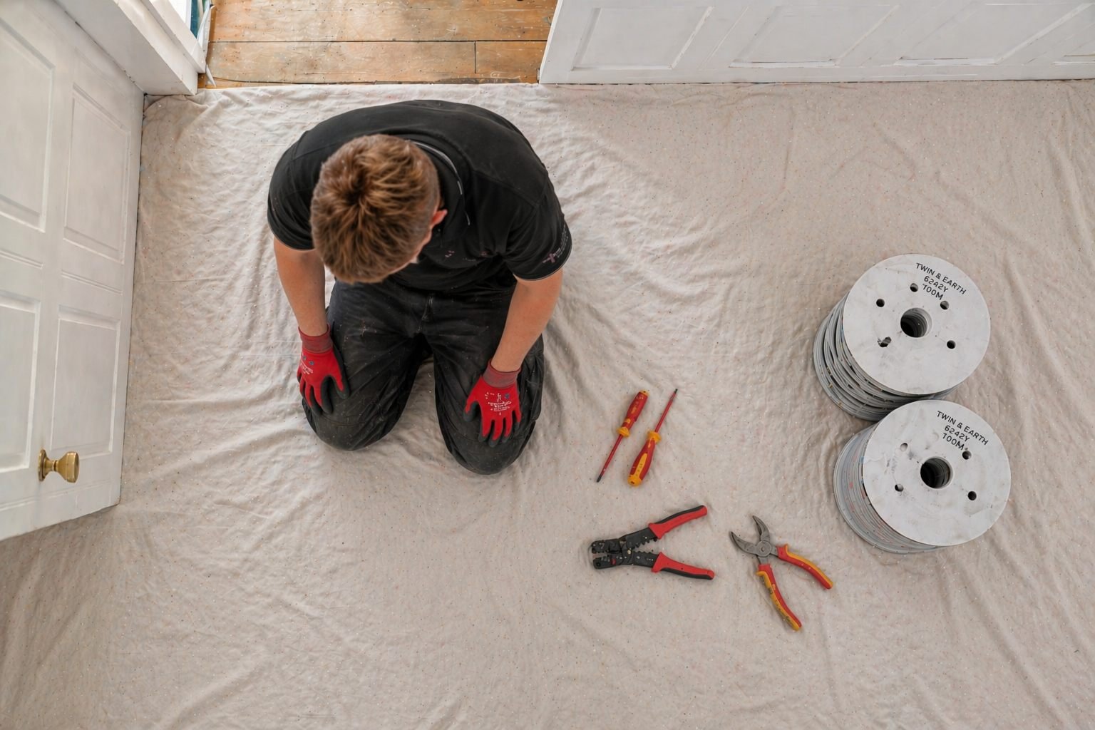 Electrician running new cable into a socket during a rewire
